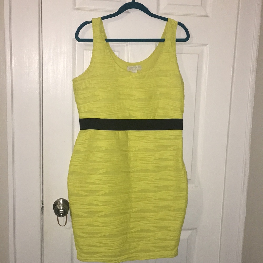 Yellow Textured Sleeveless Sheath Dress with Black Waistband